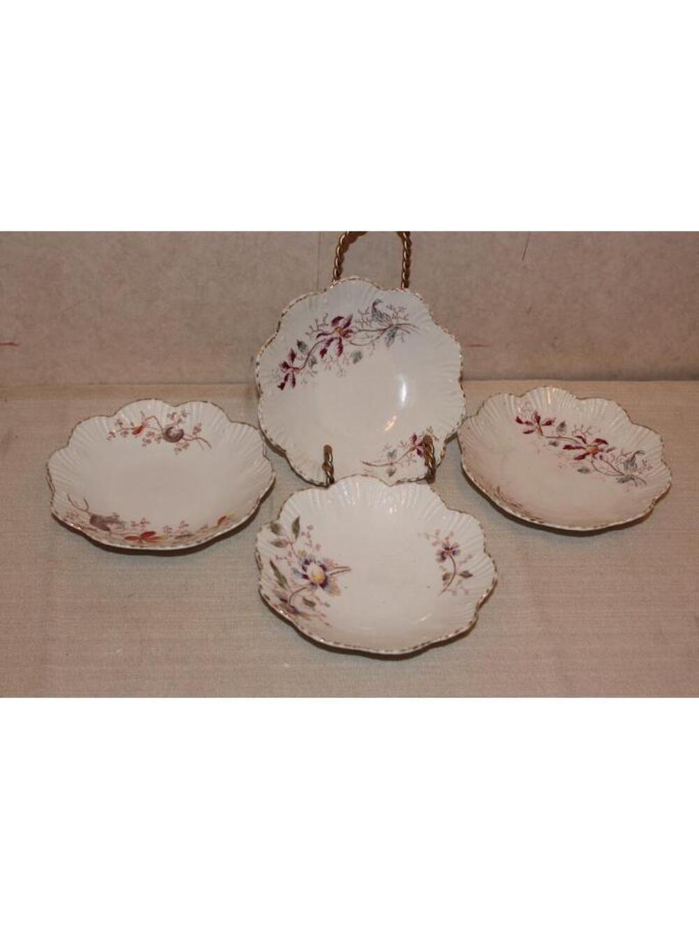 Antique Fruit Dessert Bowls Painted Transfer Flowers - Set of 4